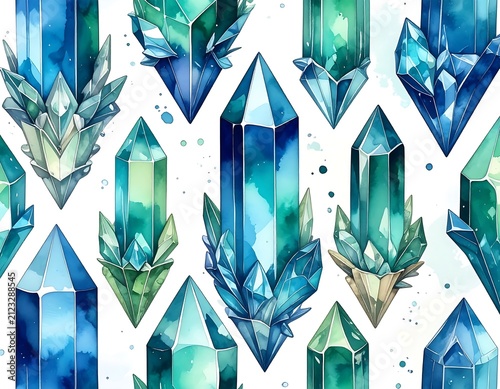 A seamless pattern of vibrant, watercolor-style crystals in shades of blue and green on a white background