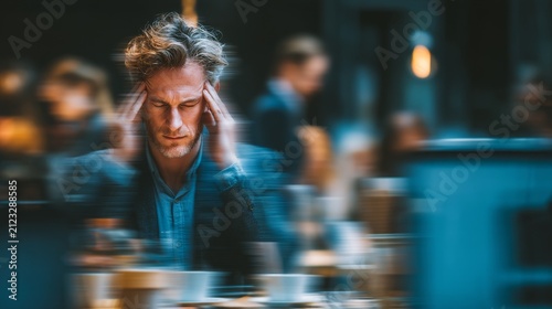 Tired urban white-collar worker pressing temples in noisy office with blurred computer screens and coffee cups around, stressed and overwhelmed office environment, realistic workplace concept