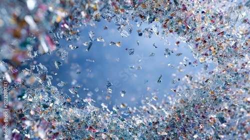 Clear glass panel mid-break with thousands of small pieces dispersing outward, space in center left empty for text overlay