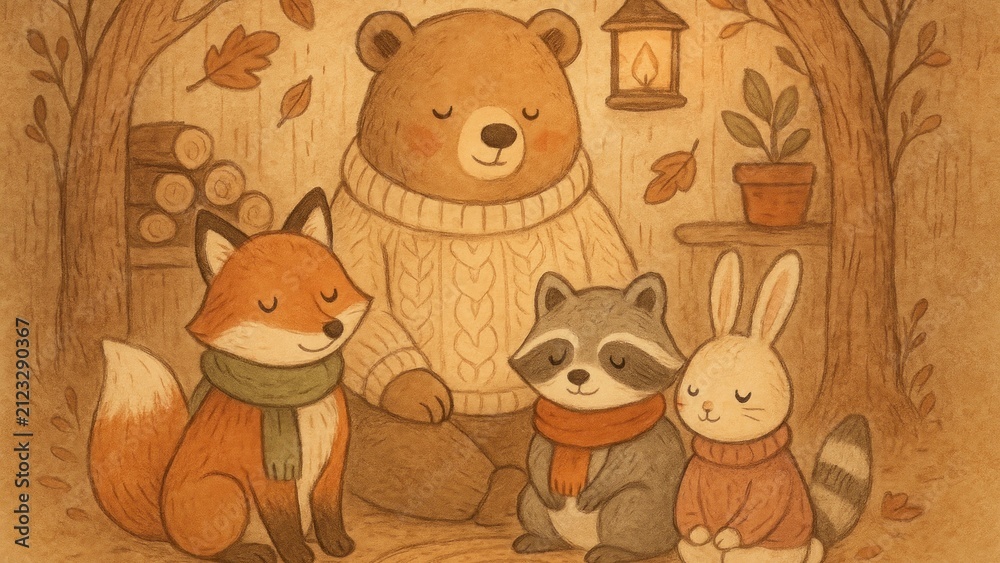 Fototapeta premium Cozy woodland animals meditating together wallpaper for desktop