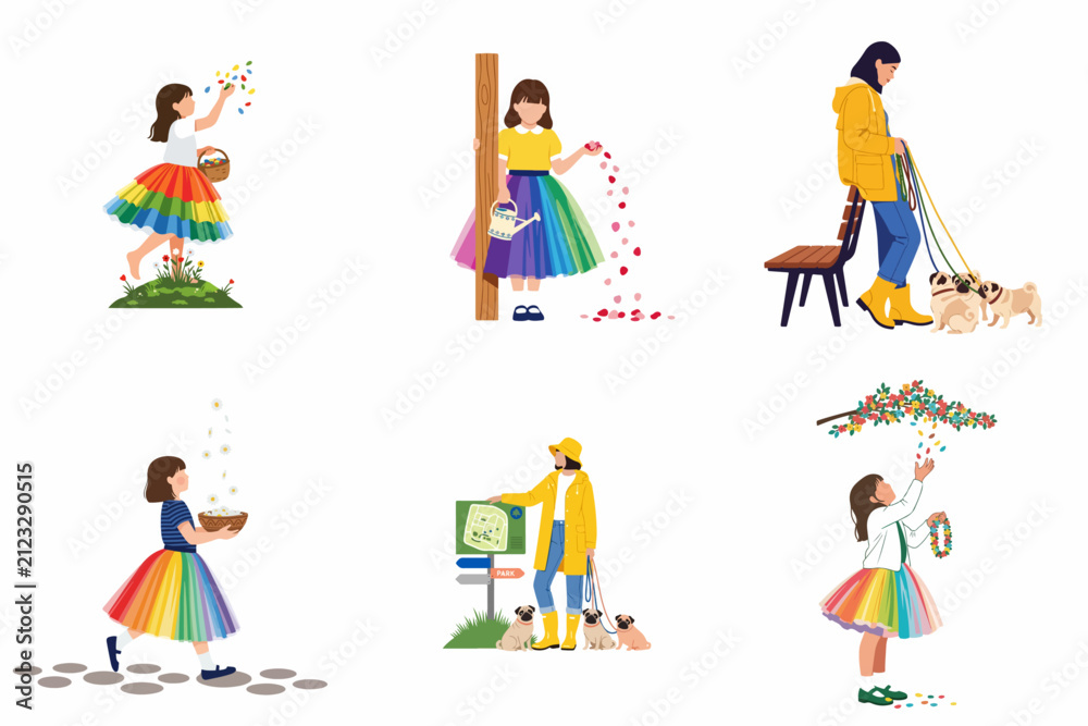 Fototapeta premium Set of flat vector characters featuring girls in rainbow skirts playing with flowers and a woman walking pugs outdoors.