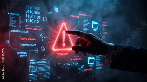 Cinematic Cybersecurity Alert Warning Hologram Touched by Businessman