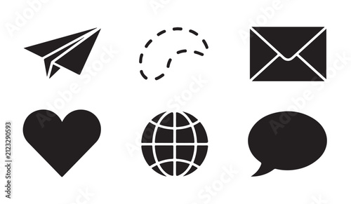 Paper airplane, envelope, globe, heart and speech bubble icons for communication concept.