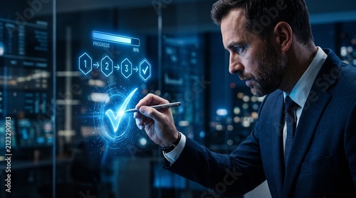 Cinematic Businessman Completing Task Checklist on Glowing Progress Bar