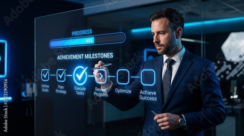 Businessman Touching Glowing Checkmark on Digital Progress Bar Concept