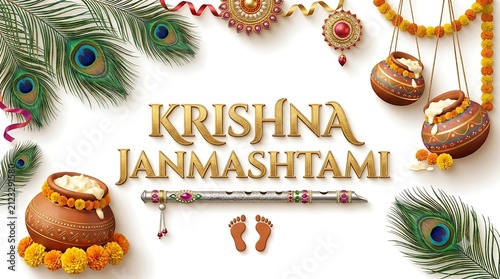 Krishna Janmashtami greeting card design. Traditional Indian festival background with flute.