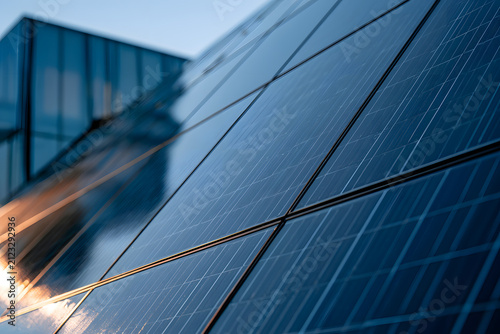 Close up of solar panels installed on a modern building in Seattle highlighting energy efficiency and sustainability