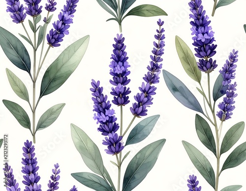 A seamless pattern of watercolor purple flowers with green leaves on white background