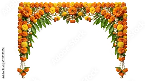 Marigold flower arch for festive decoration. Traditional Indian floral doorway garland.
