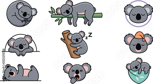 Photography Cute sleeping koala cartoon vector collection featuring cozy naps, resting poses