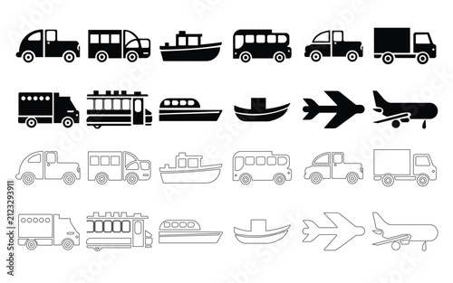 transport silhouette design icon bundle set on a white background