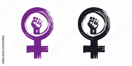 Feminist Symbol With Raised Fist Purple And Black Brushstroke Variations
