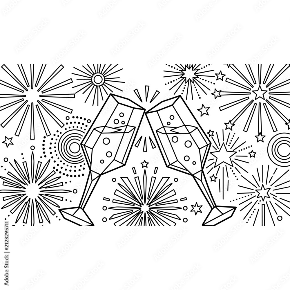 Obraz premium Two geometric champagne glasses clinking with fireworks and stars in a celebratory graphic style