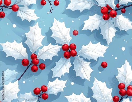 A seamless pattern of white holly leaves and red berries on a light blue background with snowflakes