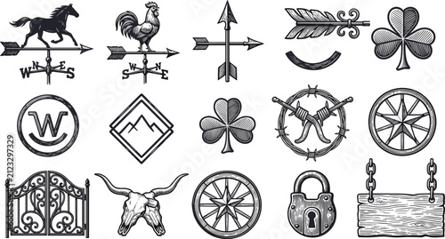 Obraz na plátne Vintage Wild West Engraving Icon Collection with Horse, Rooster, Arrow, Horsesho
