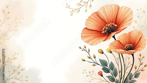 Watercolor Poppy Flowers with Delicate Greenery on Soft Background.