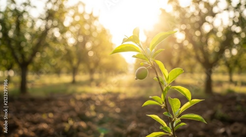 Sunlight shines on young apple and pear trees during a beautiful day in the orchard.