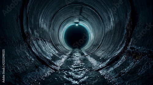 A dark underground sewer tunnel with wastewater flowing inside a round concrete pipe.