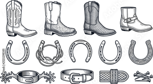 Fotografie Vintage Cowboy Boots and Western Equestrian Gear Engraving Collection with Horse