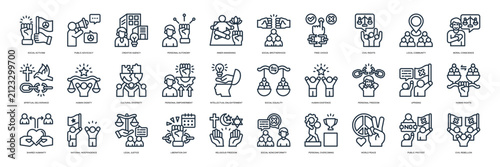 Liberation and Human Rights Line Icons Set. human rights, civil liberty, freedom of speech, equality, social justice, religious freedom, peace, community, advocacy, dan empowerment