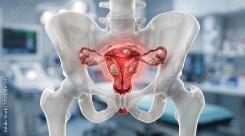 Uterine fibroids and pelvic pain concept showing female anatomy within a pelvic model.