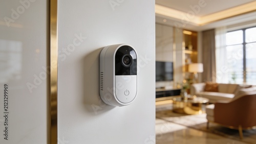 Modern smart home access control device mounted on a wall inside a contemporary luxury apartment, representing security technology, keyless entry and home automation.