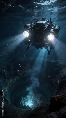 Deep Ocean Exploration Submersible ROV Spotlights Illuminating Trench Floor Stock Photo