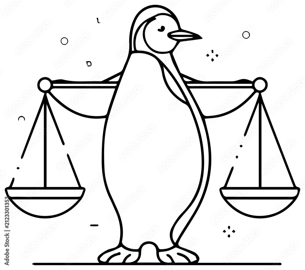 Obraz premium Penguin balancing financial scales for budget planning with holding balanced scales penguin standing line line drawing black white illustration
