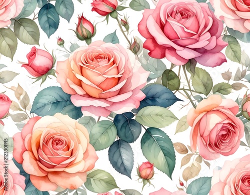 A seamless watercolor floral pattern featuring pink roses and green leaves on a white background