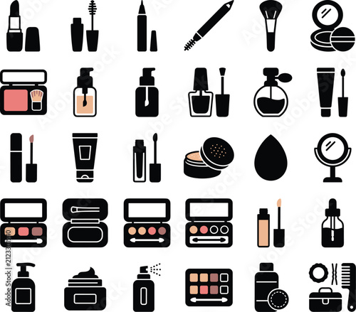 Beauty and Cosmetics Makeup Icons Collection for Skincare, Cosmetic Tools, and Personal Care Essentials