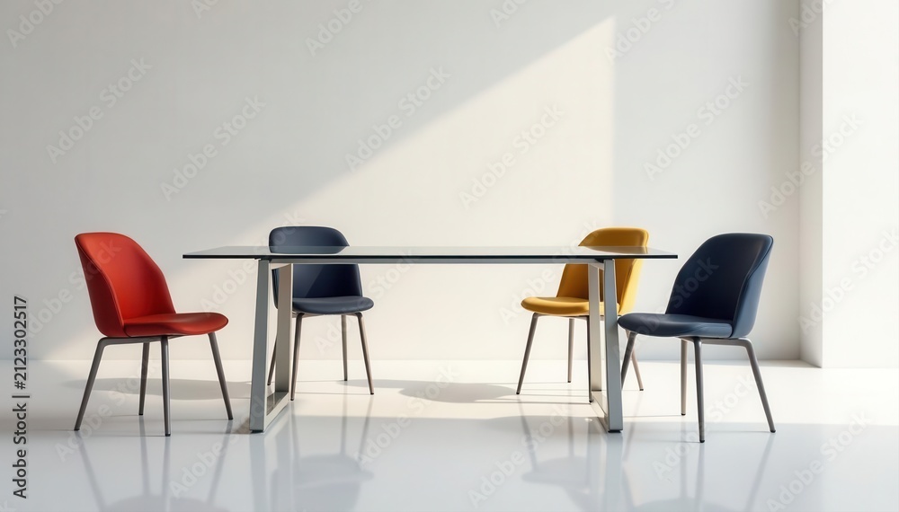 Obraz premium Modern glass table, four sleek chairs; minimalist setting , table setting, grey