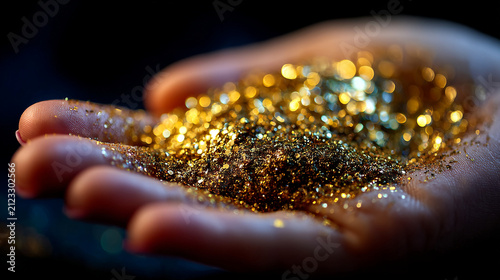 Close up of human hand holding a pile of golden glitter particles sparkles in darkness with particles