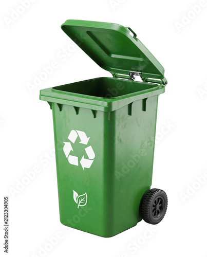 Fotografía Open Green Recycling Wheelie Bin with Eco Symbols Isolated on Transparent Backgr