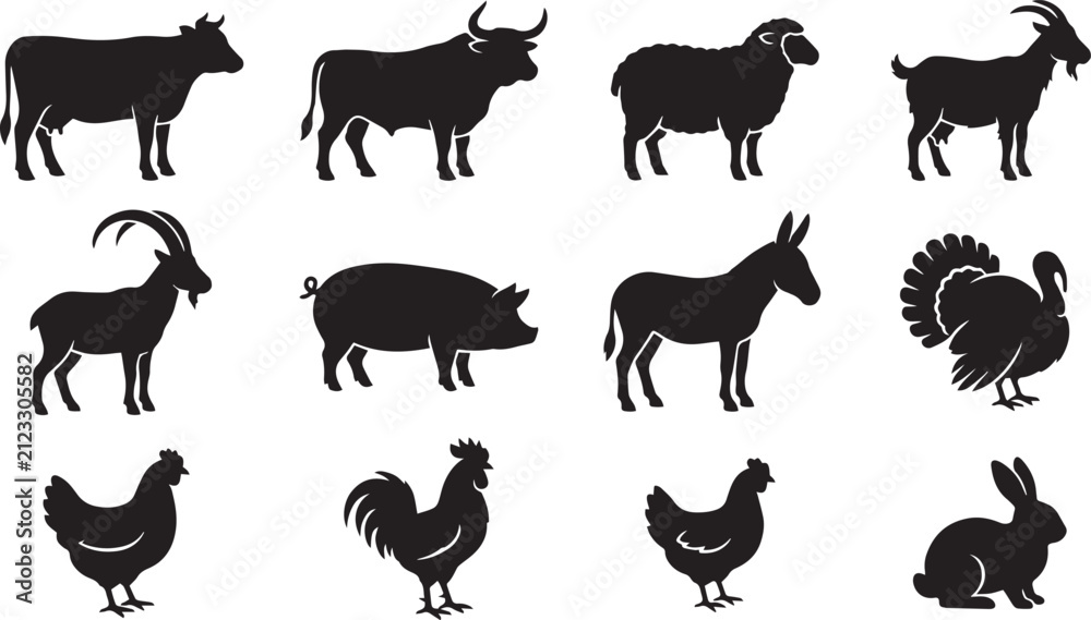 Obraz premium Set of farm animal silhouettes featuring livestock and poultry varieties for agricultural design projects with silhouettes representing common