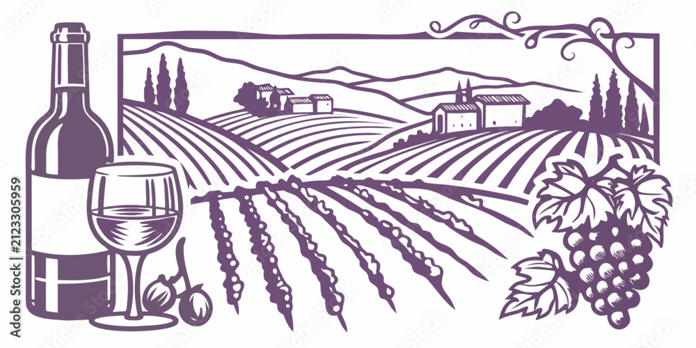 Obraz premium Wine Country Vineyard Landscape Purple Vector Illustration
