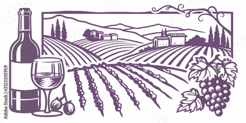 Wine Country Vineyard Landscape Purple Vector Illustration