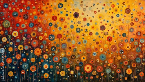 Abstract Colorful Artistic Painting with Circular Shapes and Patterns.