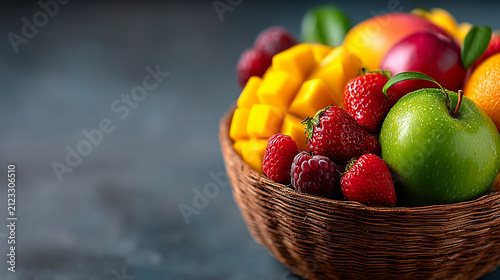 Fresh tropical fruit salad in woven basket with mango strawberry and strawberry tropical