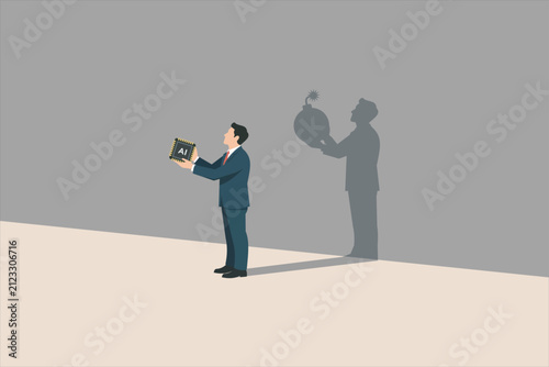 Businessman holding an AI chip while casting a shadow with a ticking bomb, symbolizing artificial intelligence risks, ethical concerns, security threats, and technology impact. Vector illustration.