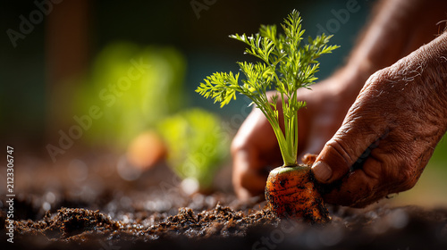 Close up of hands harvesting a fresh organic carrot from the garden soil with farm to table, planting
