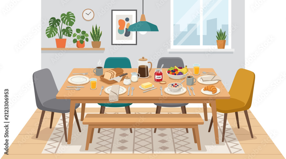 Obraz premium Cozy dining room interior with a wooden table set for a delicious breakfast.