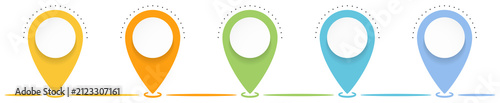 Horizontal process infographic template with five colorful map pointer markers