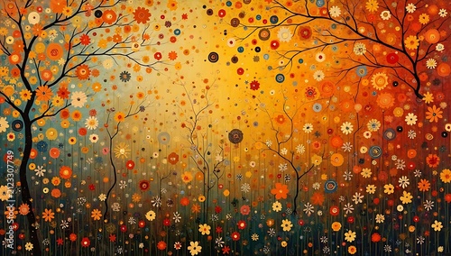 Vibrant Abstract Painting of a Colorful Autumnal Forest.