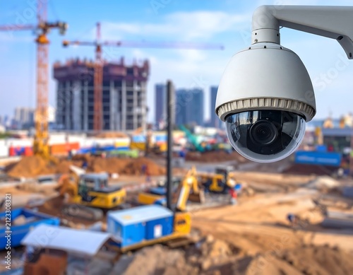 A security camera overlooks a bustling construction site with cranes and buildings