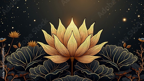 Golden Lotus Flower Artwork with Dark Background and Stars.