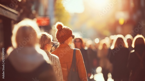 A confident individual walks against a bustling city crowd on a sunlit street. Dramatic lighting and motion blur highlight urban life, individuality, and dynamic energy.