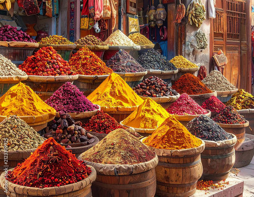 Exotic Spices Market with Conical Piles and Hanging Goods