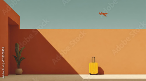 A single yellow suitcase stands against an orange wall under dramatic sunlight, casting long shadows. An airplane shadow symbolizes modern minimalist travel inspiration.