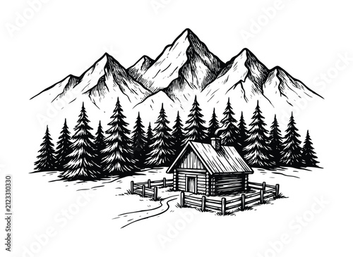 山の中の素朴な丸太小屋の手描き
