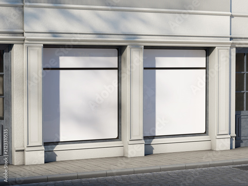 Empty storefront with blank white display windows mockup and concrete facade